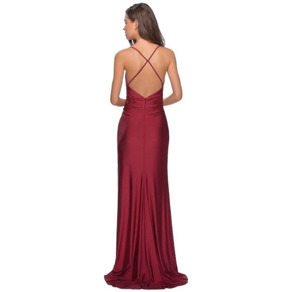 NWT La Femme Long Criss Cross Open Back Side Slit Trumpet Dress Burgundy Size 2 - Picture 8 of 12